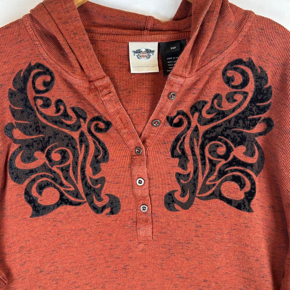 Harley-Davidson Womens 3W Rust Orange Space Dye Hooded Henley Flocked Top 2014 - Picture 9 of 12
